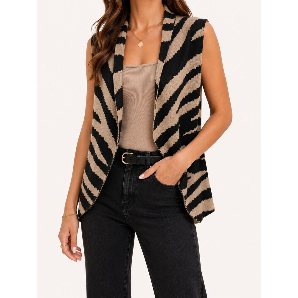 Spense Petite Zebra Print Open Front Cardigan Sweater Vest Tan Black PS Trendy